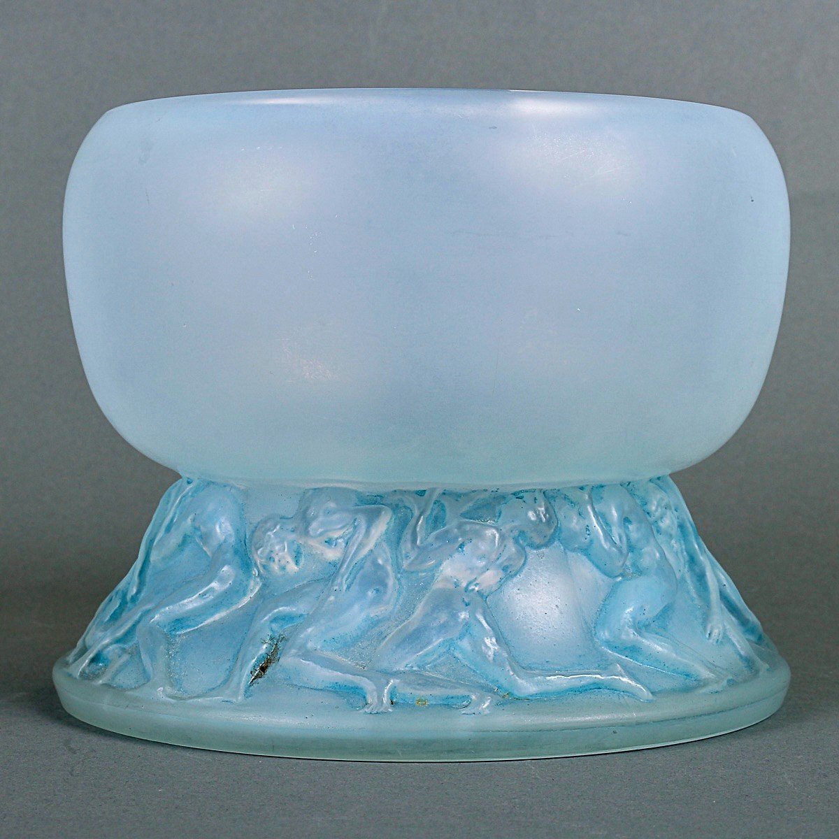 1914 René Lalique - Vase Lutteurs Verre Opalescent Patiné Bleu-photo-2