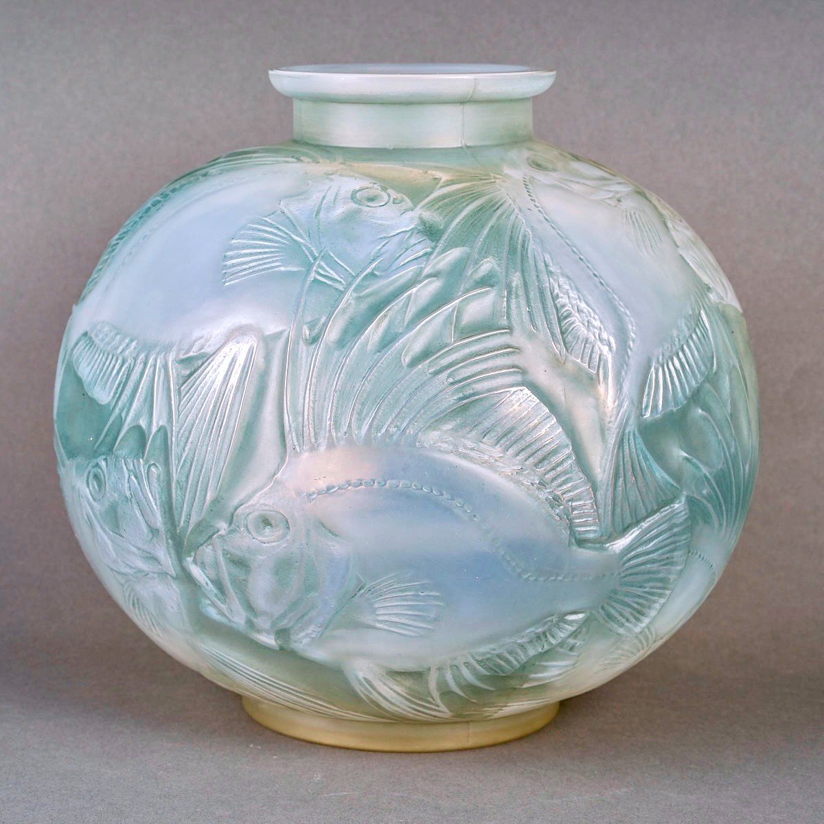 1921 René Lalique - Vase Poissons Verre Opalescent Patiné Bleu Vert 