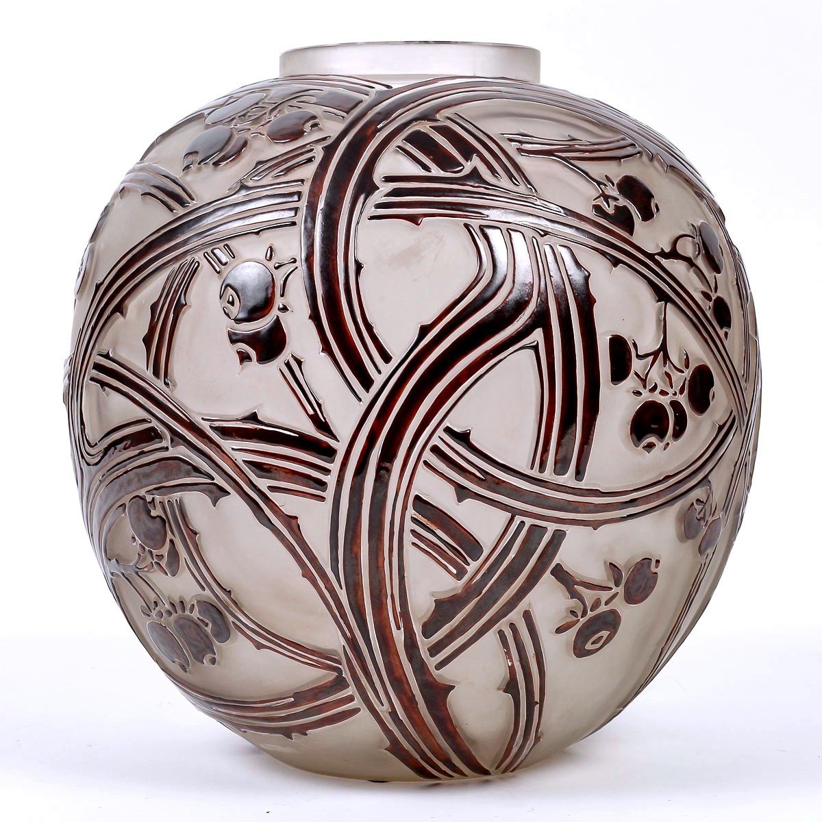 1924 René Lalique - Vase Baies Berries Frosted Glass With Brown Enamel-photo-2
