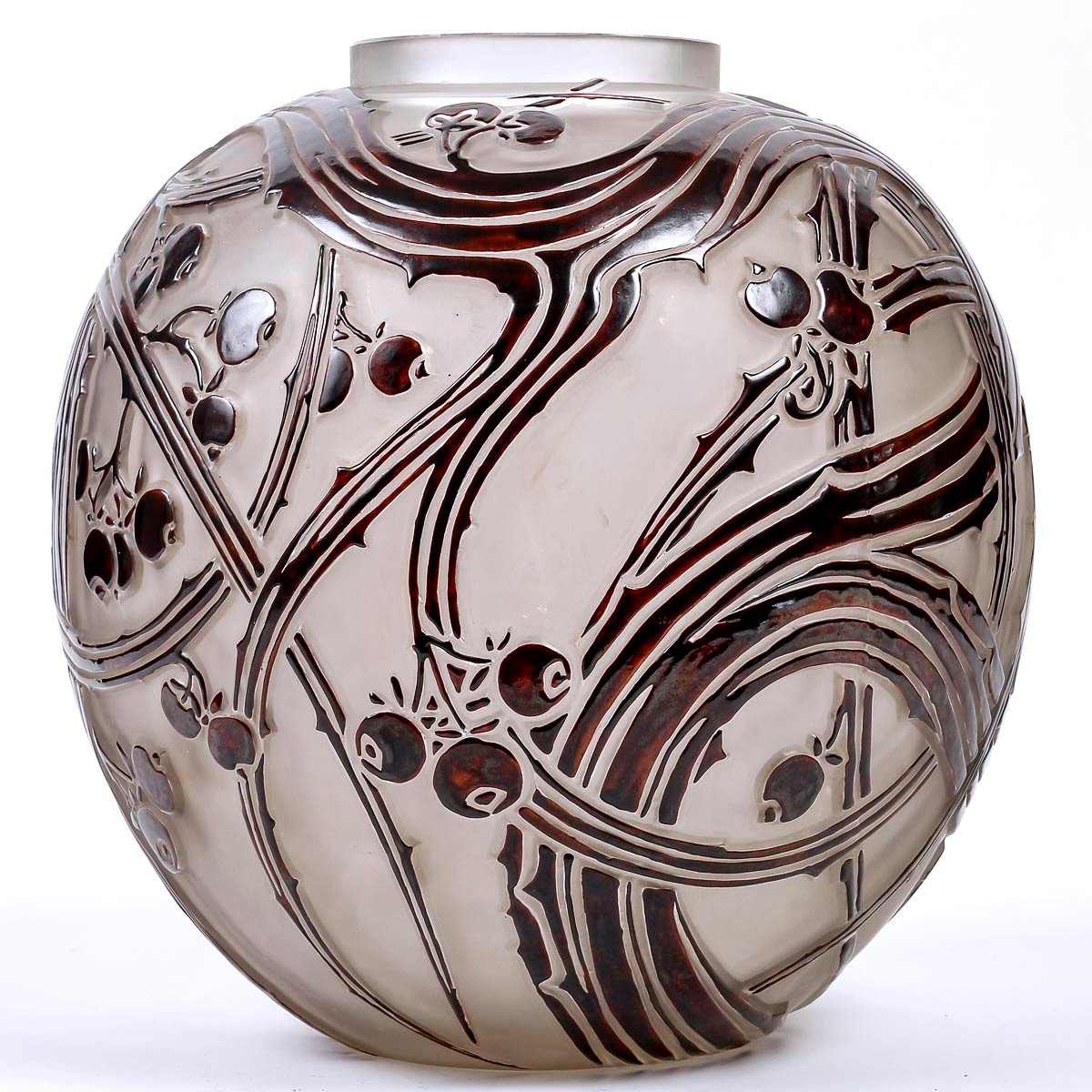 1924 René Lalique - Vase Baies Berries Frosted Glass With Brown Enamel
