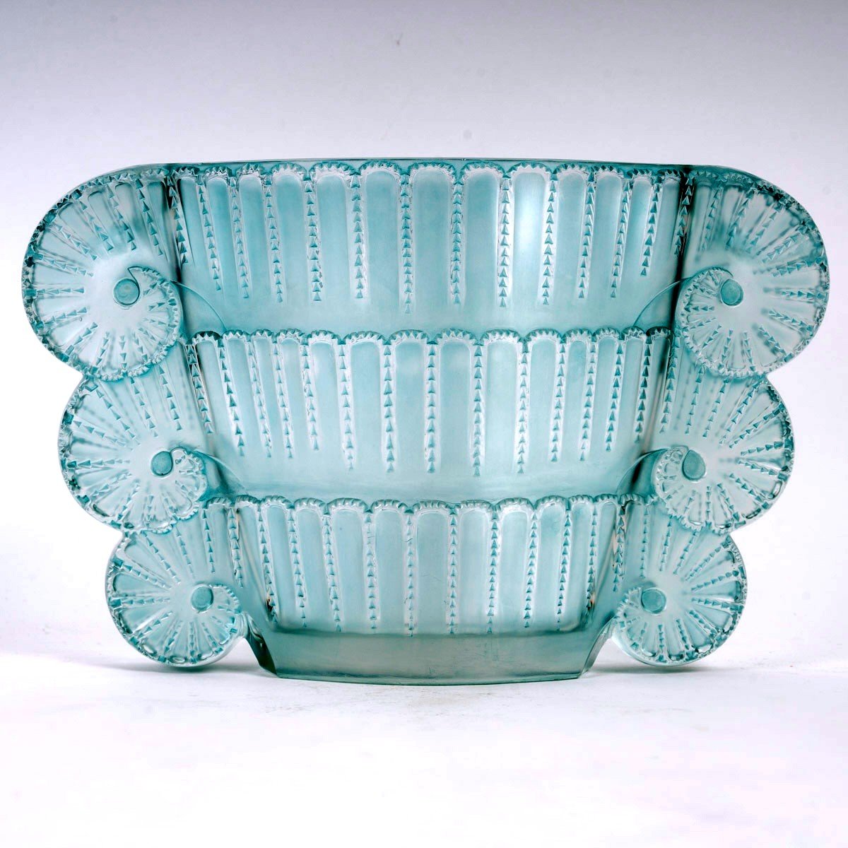 1937 René Lalique - Vase Jaffa Verre Blanc Patiné Turquoise-photo-2