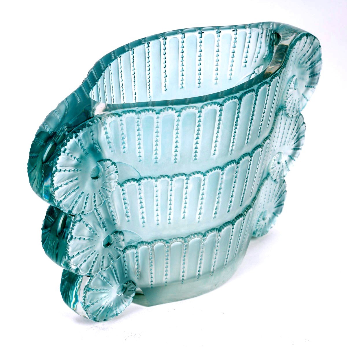 1937 René Lalique - Vase Jaffa Verre Blanc Patiné Turquoise-photo-3
