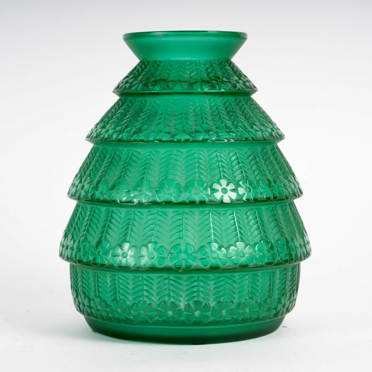1929 René Lalique - Vase Ferrières Verre Vert Emeraude-photo-2