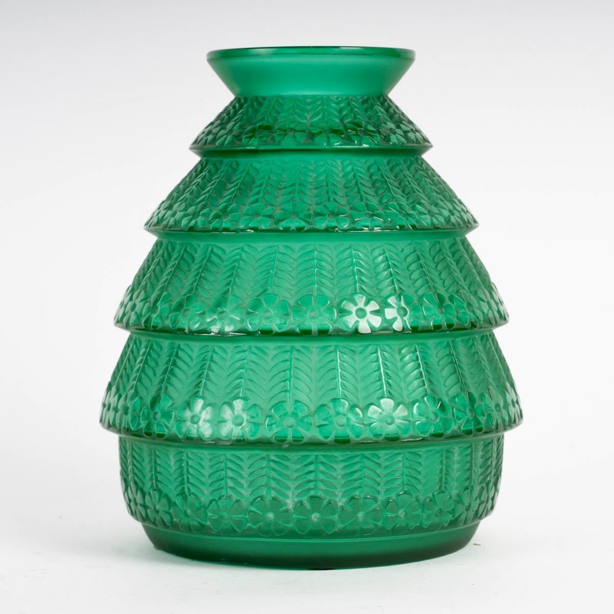 1929 René Lalique - Vase Ferrières Verre Vert Emeraude