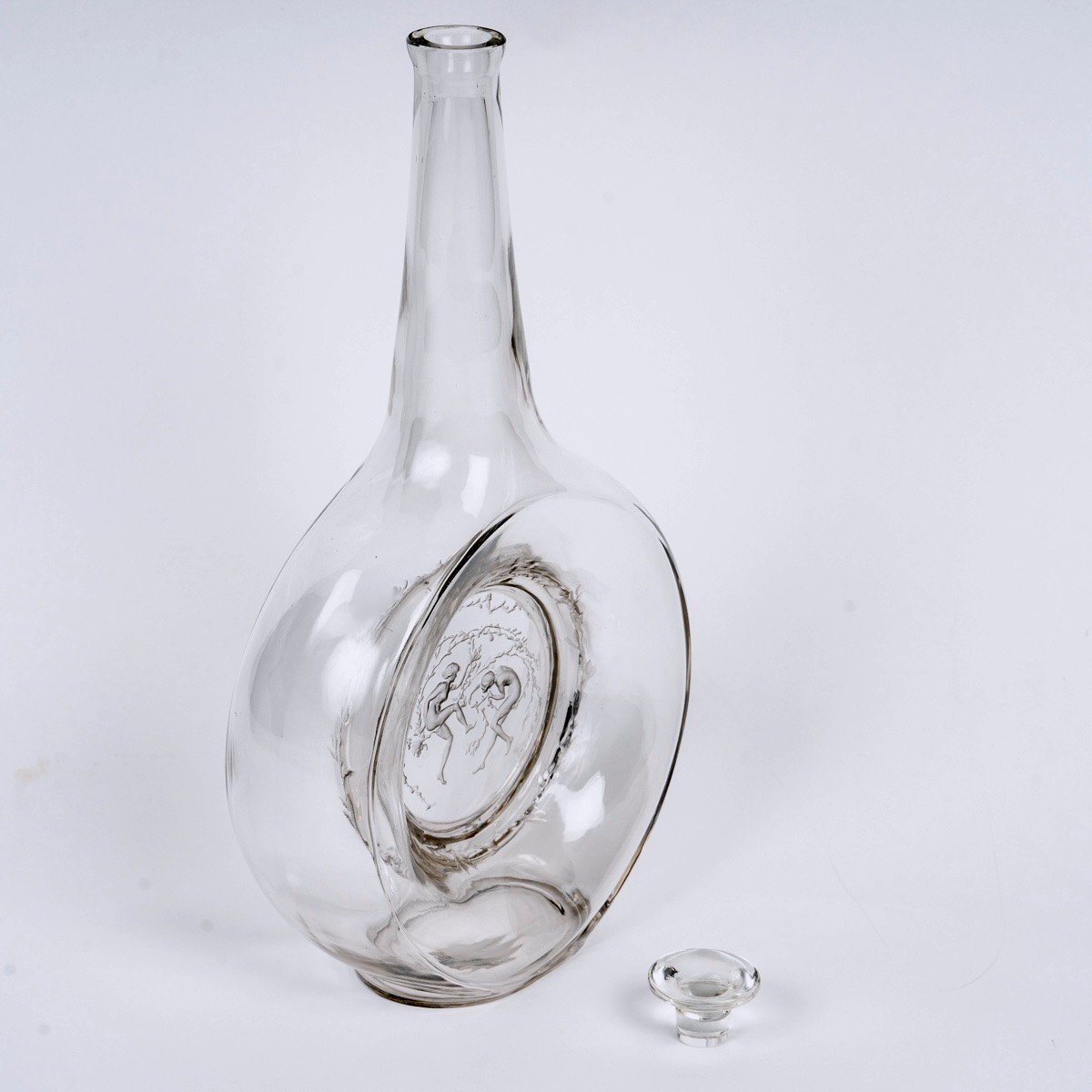 1912 René Lalique - Decanter Deux Danseuses Clear Glass With Grey Patina With Stopper-photo-2