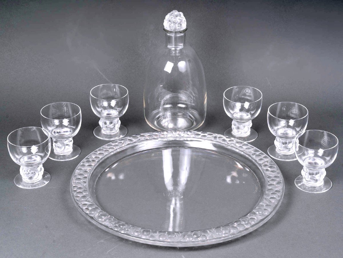 1931 René Lalique - Service Thomery Verre Blanc - 6 Verres, 1 Carafe, 1 Plateau-photo-2