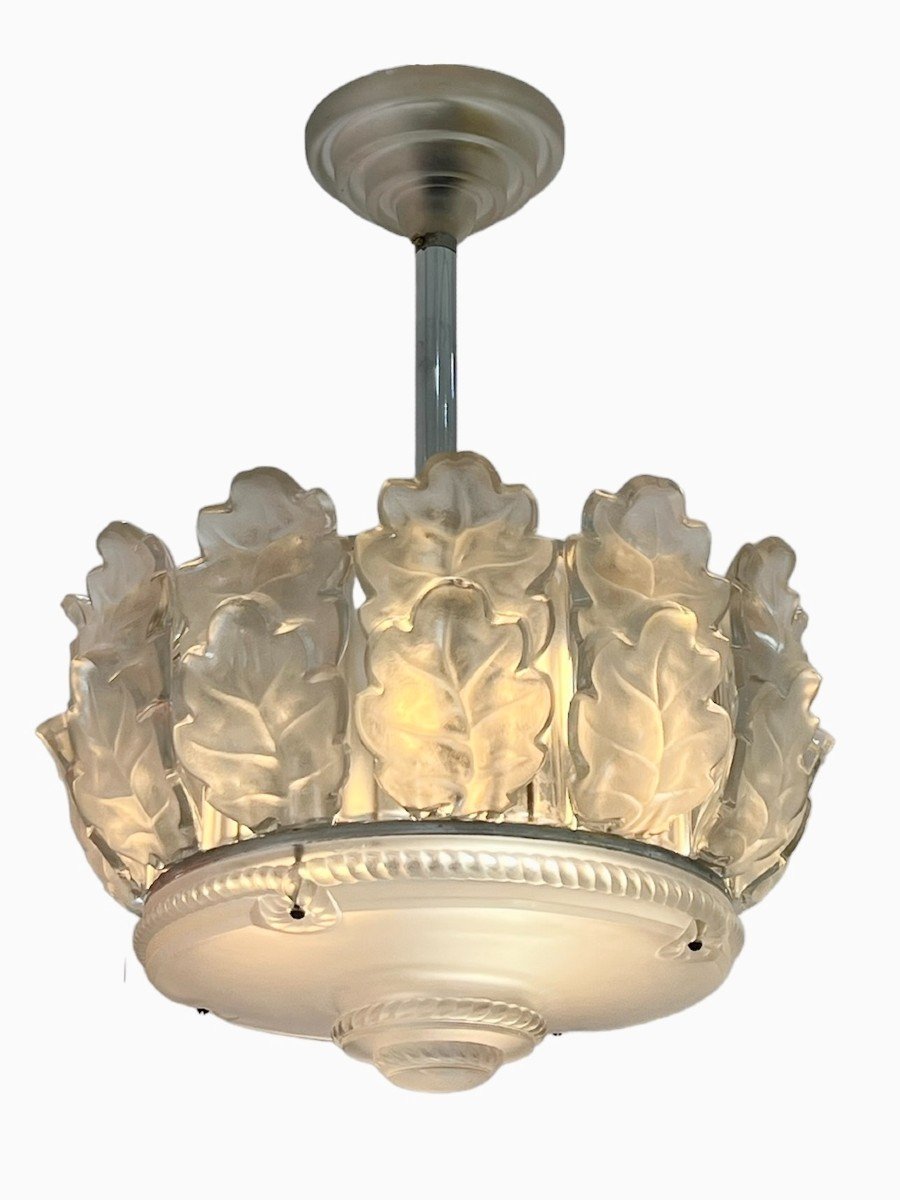 1951 Marc Lalique - Chandelier Chene Oak Frosted Crystal -photo-4