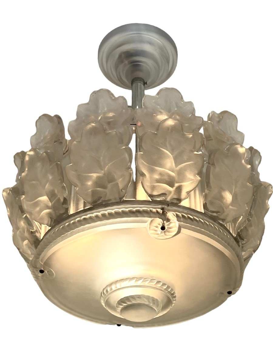 1951 Marc Lalique - Chandelier Chene Oak Frosted Crystal -photo-1