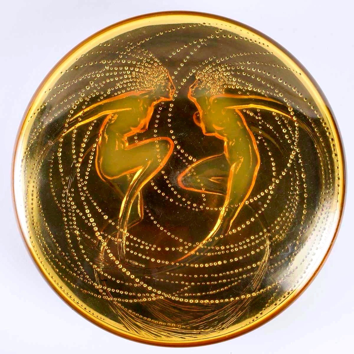 1921 René Lalique - Boîte Deux Sirènes Verre Orange Opalescent-photo-2