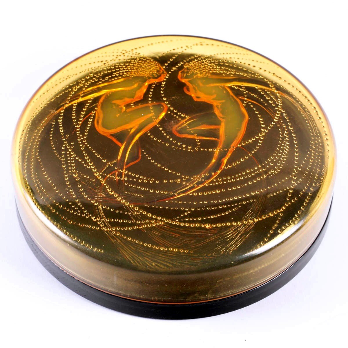 1921 René Lalique - Boîte Deux Sirènes Verre Orange Opalescent