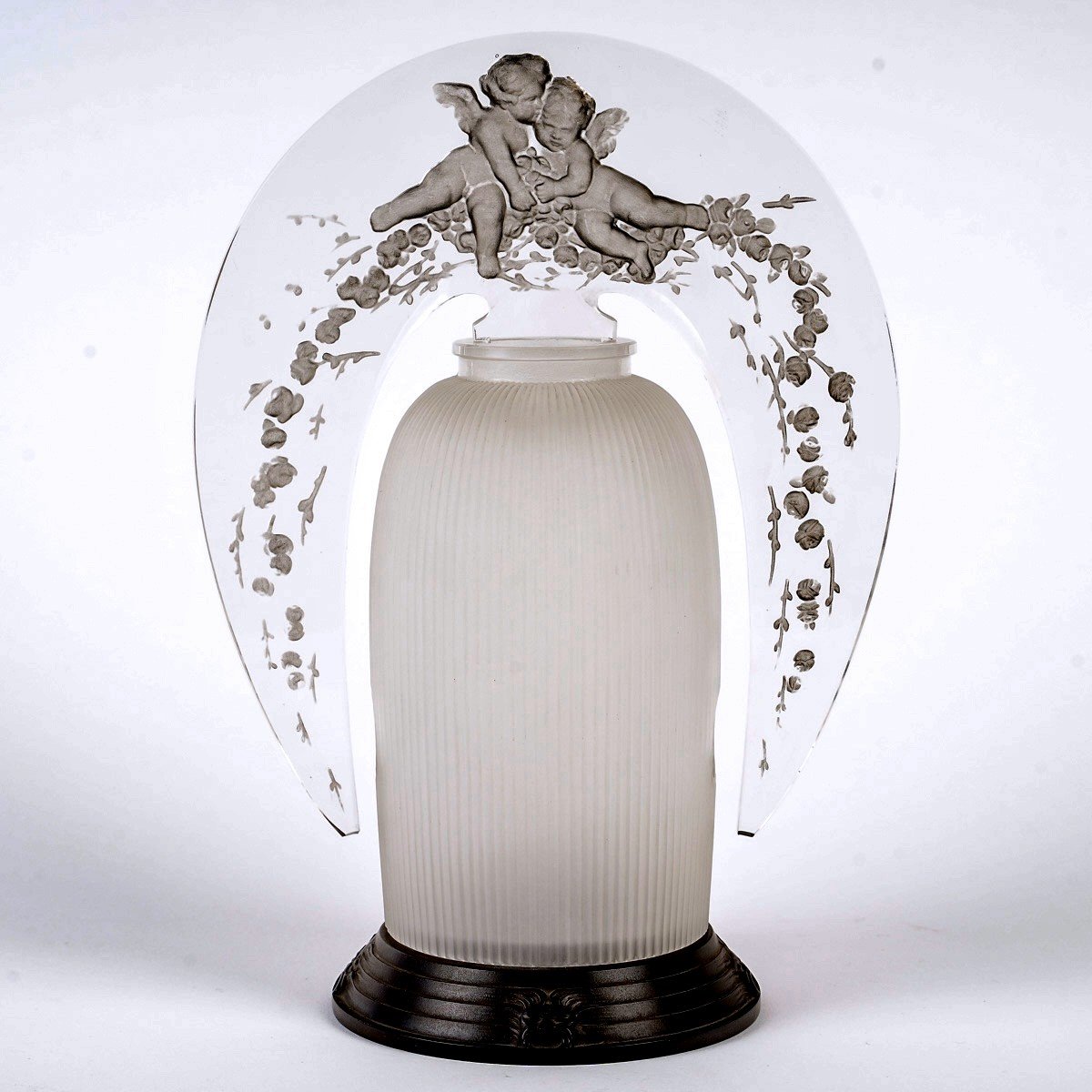 1920 René Lalique - Lampe Veilleuse Amours Verre Blanc Patiné Gris