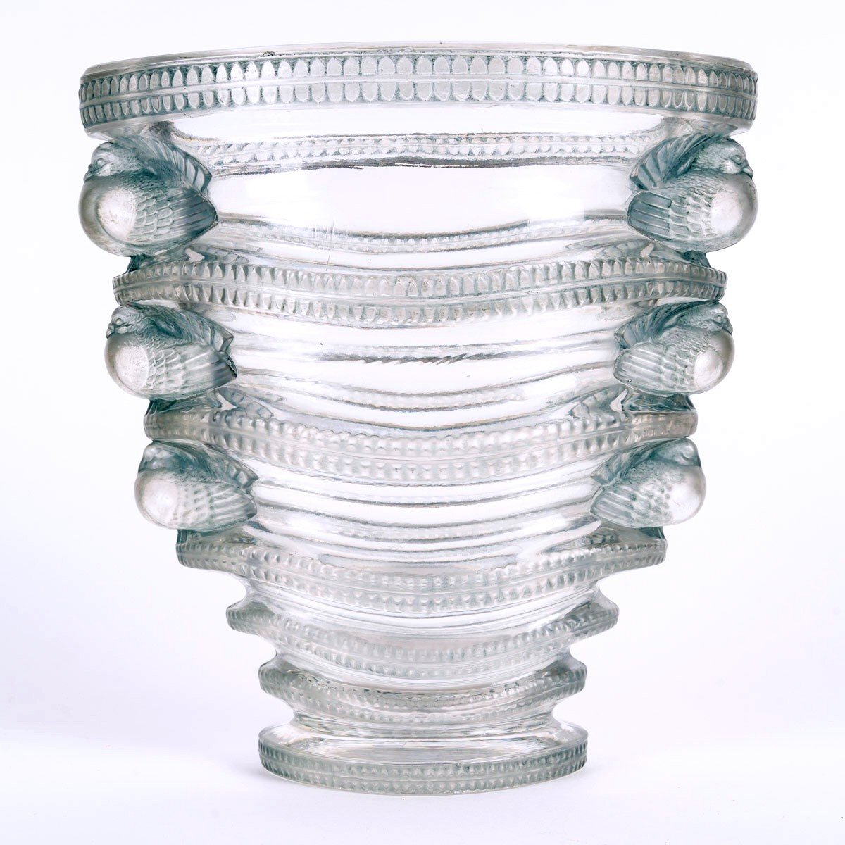 1939 René Lalique - Vase Saint Marc Verre Blanc Patiné Bleu