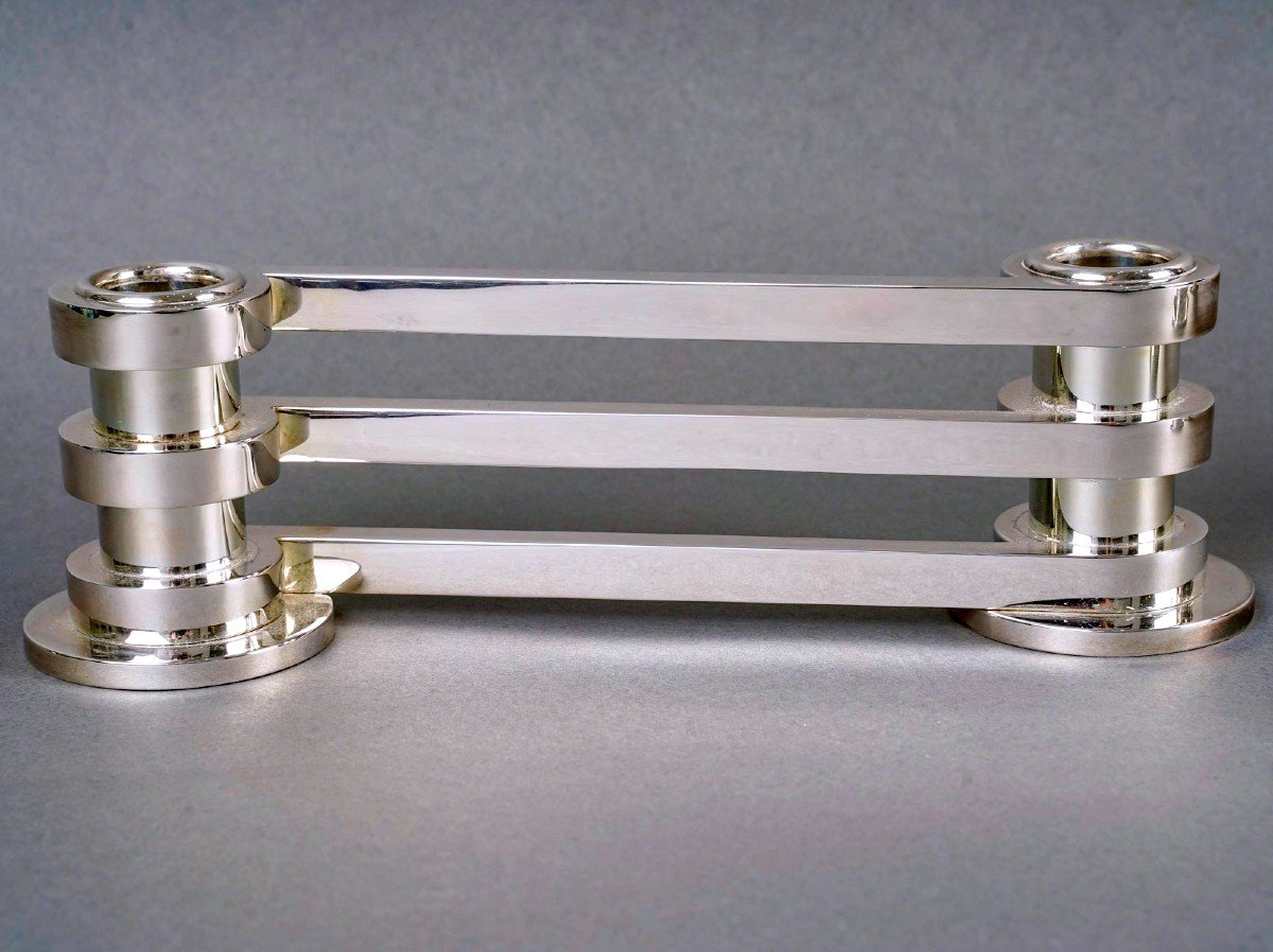 Puiforcat - 3 Art Deco Modernist Candlesticks Ruban Plated Silver-photo-3