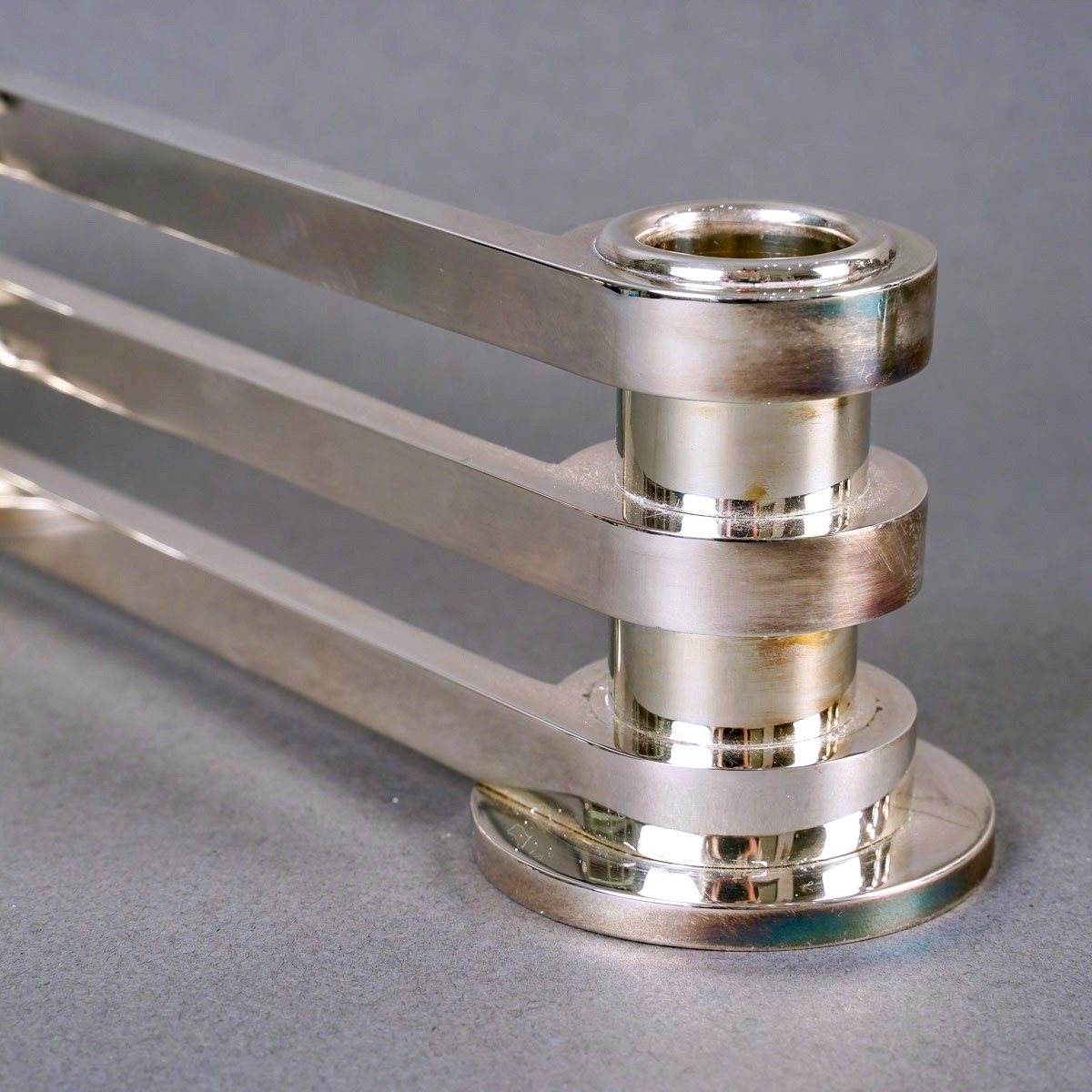 Puiforcat - 3 Art Deco Modernist Candlesticks Ruban Plated Silver-photo-3