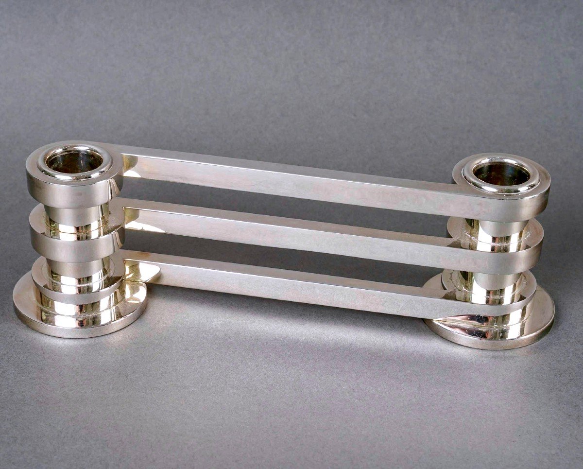Puiforcat - 3 Art Deco Modernist Candlesticks Ruban Plated Silver-photo-4