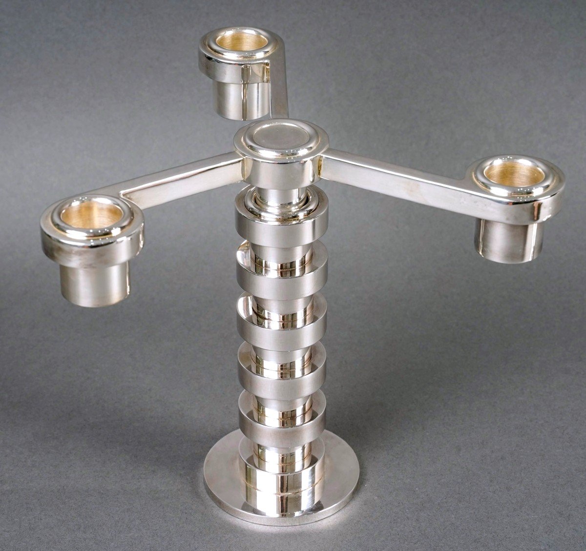 Puiforcat - 3 Art Deco Modernist Candlesticks Ruban Plated Silver-photo-5