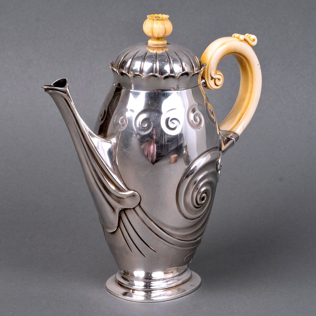 1900 Bonvallet Et Cardeilhac - Service Thé Café Art Nouveau Argent Massif Et Ivoire-photo-3