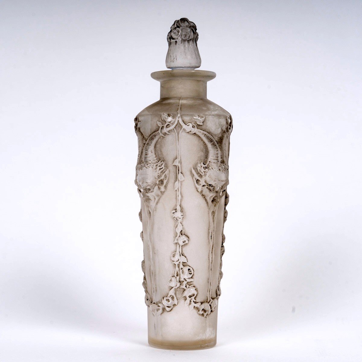 1920 René Lalique - Flacon Pan Verre Blanc Patiné Gris-photo-2