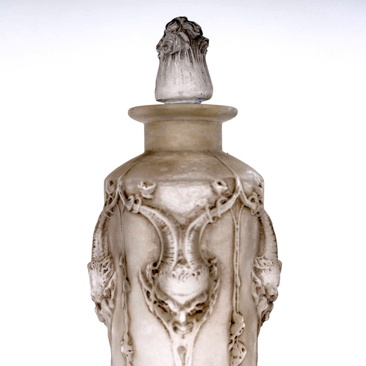 1920 René Lalique - Flacon Pan Verre Blanc Patiné Gris-photo-4