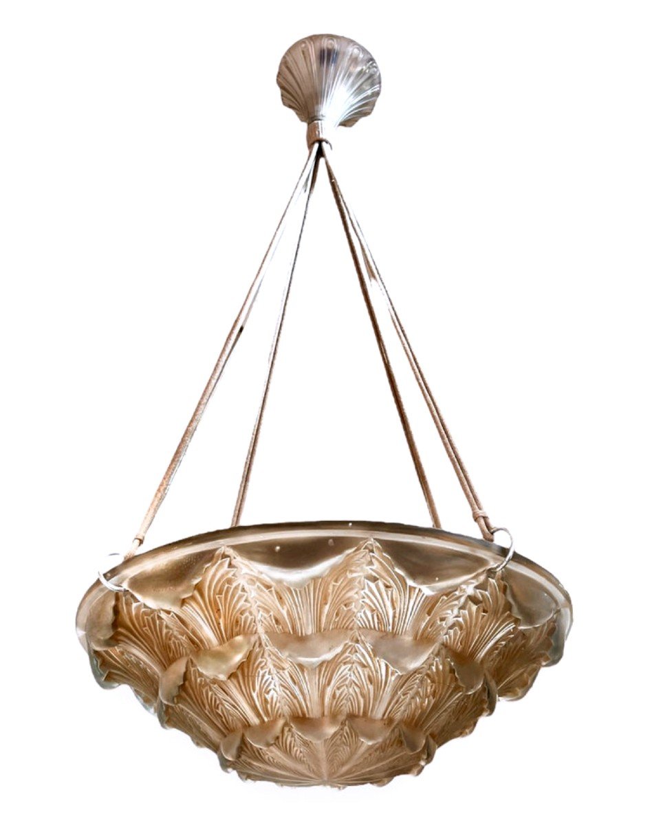 1927 René Lalique - Chandelier Gaillon  Glass With Sepia Patina-photo-2