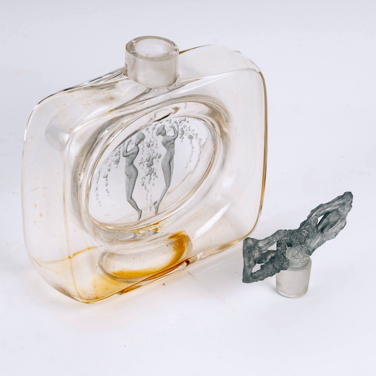 1912 René Lalique - Perfume Bottle Two Figurines Glass With Blue Patina-photo-2