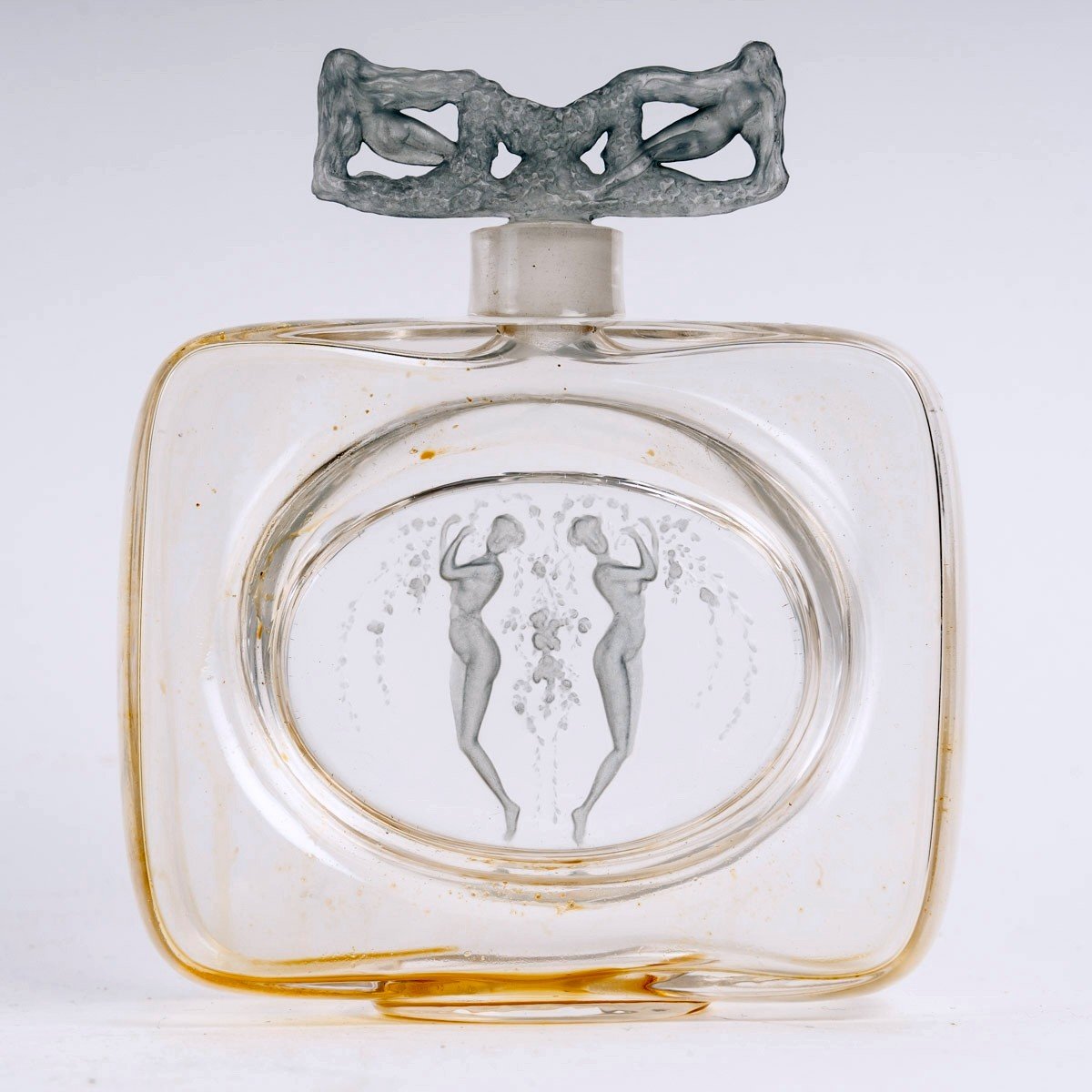 1912 René Lalique - Perfume Bottle Two Figurines Glass With Blue Patina