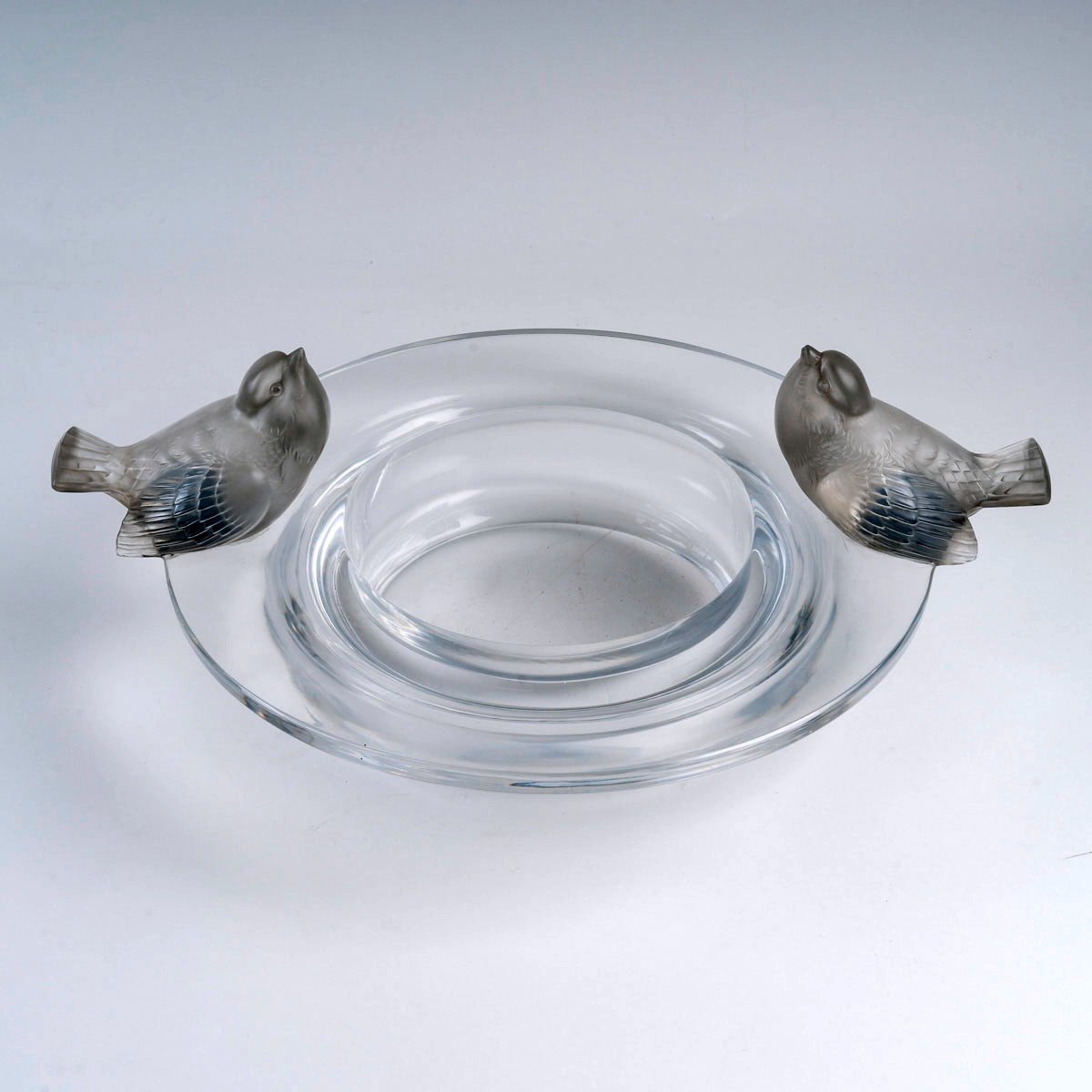 1930 René Lalique - Bowl Deux Moineaux Moqueurs Sparrows Glass With Grey Patina-photo-3