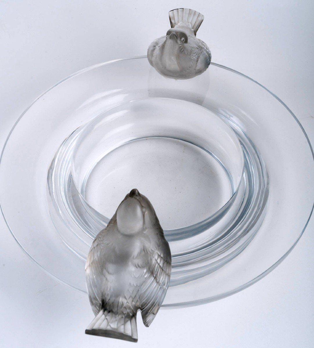 1930 René Lalique - Bowl Deux Moineaux Moqueurs Sparrows Glass With Grey Patina-photo-1