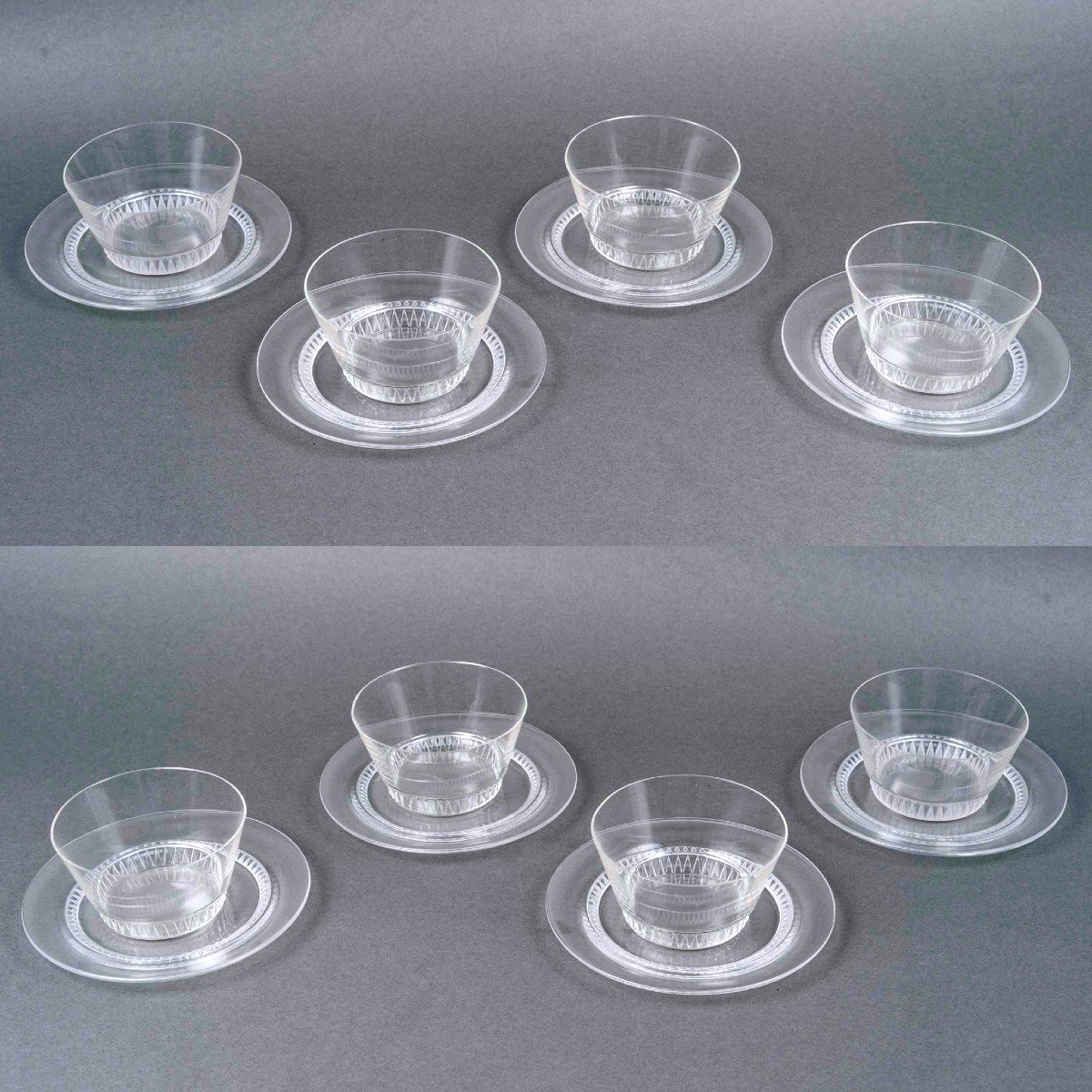 1933 René Lalique - Service Art Déco Bourgueil Verre Blanc - 8 Bols + 8 Assiettes