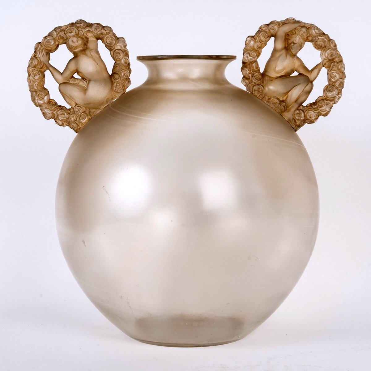 1926 René Lalique - Vase Ronsard Glass With Sepia Patina-photo-2