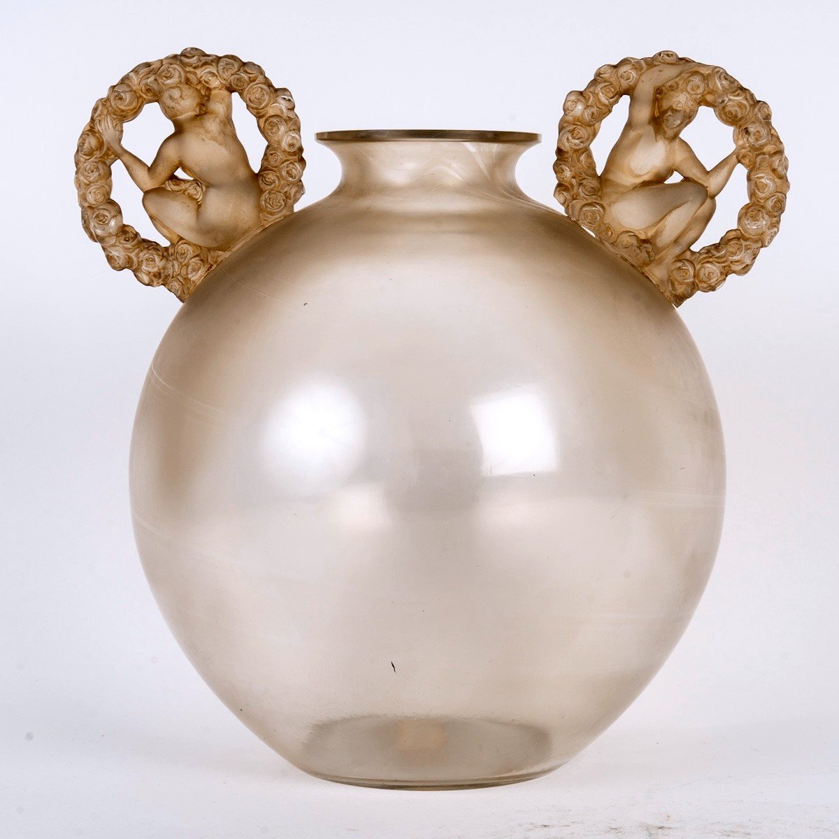 1926 René Lalique - Vase Ronsard Glass With Sepia Patina-photo-4