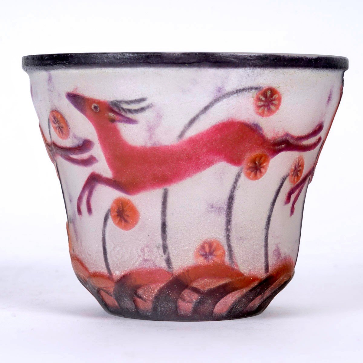 1928 Gabriel Argy Rousseau - Vase Gazelles et Fleurs Pâte De Verre
