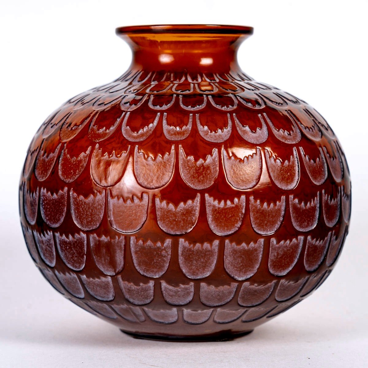 1930 René Lalique - Vase Grenade Verre Rouge Ambré Patiné Blanc