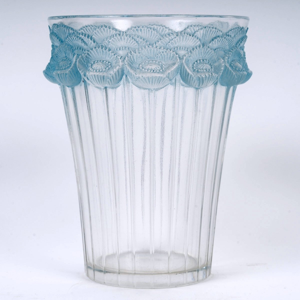 1933 René Lalique - Vase Boutons d'Or Verre Blanc Patiné Bleu-photo-3