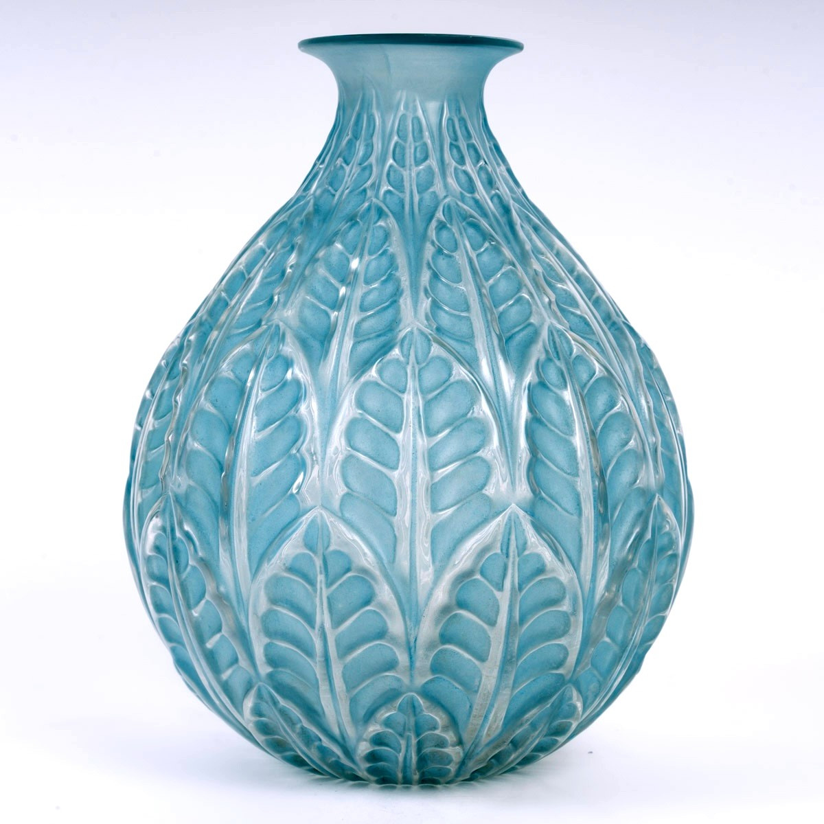 1927 René Lalique - Vase Malesherbes Verre Blanc Patiné Bleu