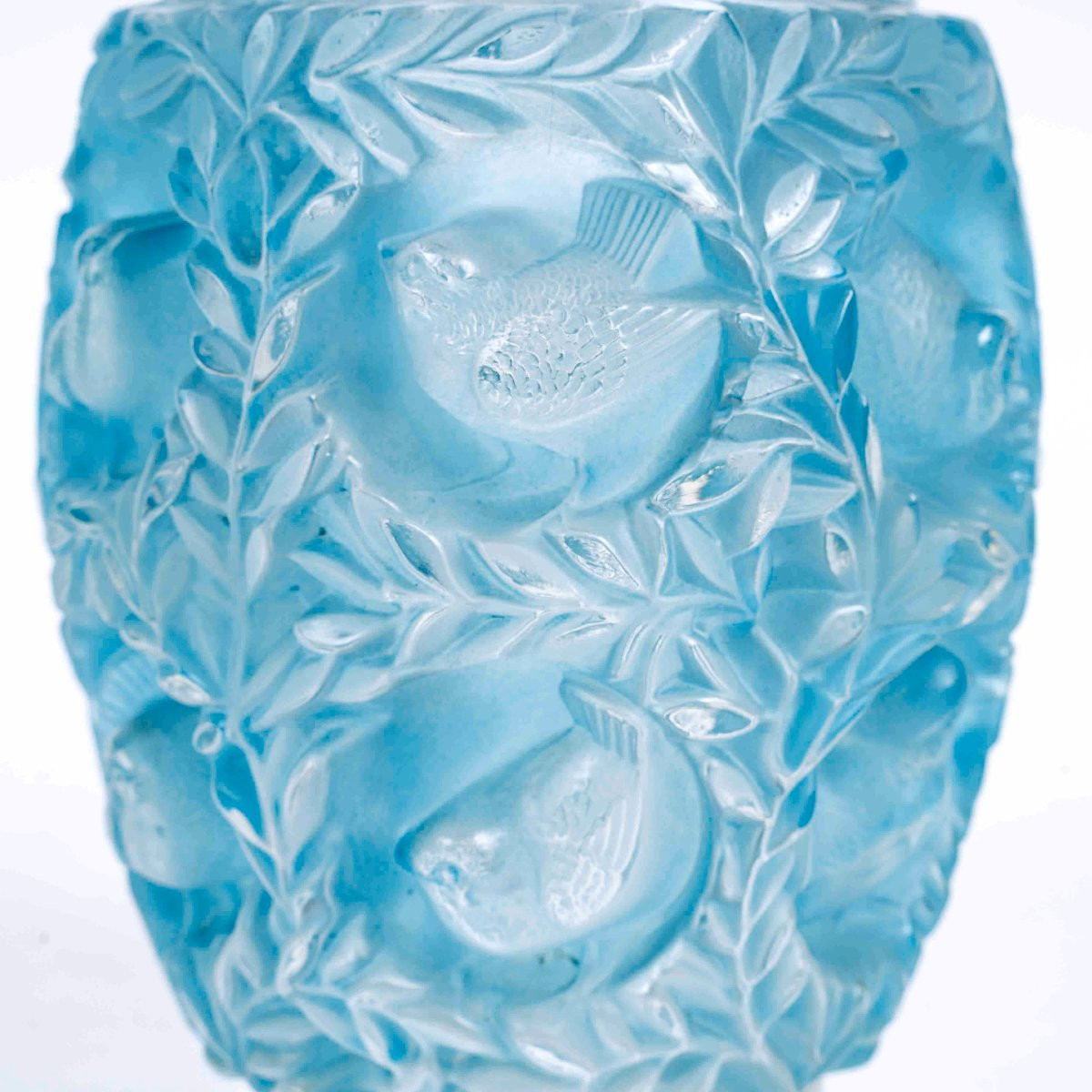 1939 René Lalique - Vase Bagatelle Verre Blanc Patiné Bleu-photo-3