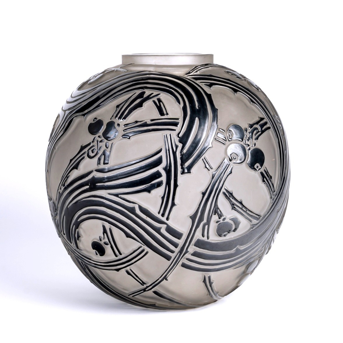 1924 René Lalique - Vase Baies Verre Blanc Emaillé Noir 