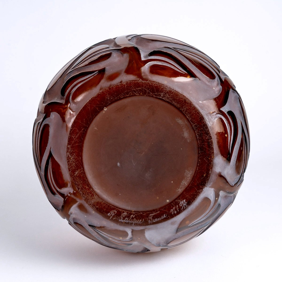 1926 René Lalique - Vase Sophora Red Amber Glass With White Patina-photo-3