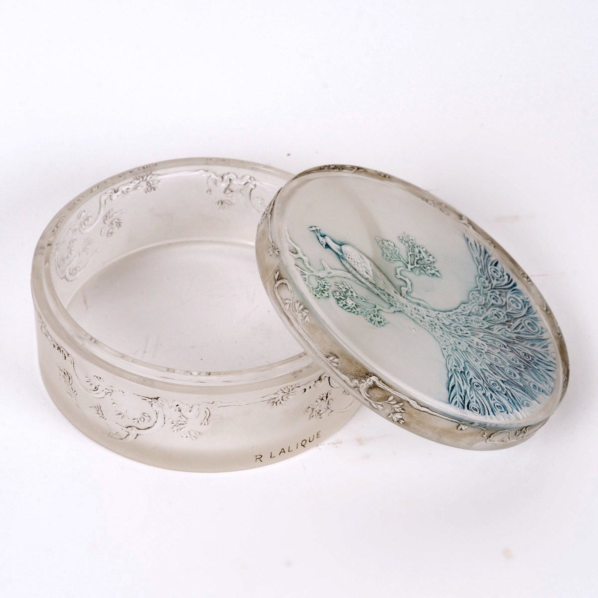1910 René Lalique - Box Paon Peacock Glass With Blue Patina-photo-3