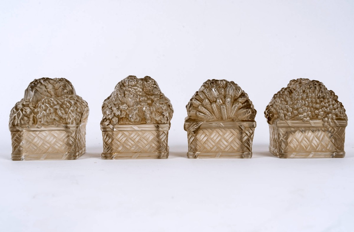 1939 René Lalique - Surtouts Décoratifs Corbeille Quatre Saisons Verre Blanc Patiné Sépia