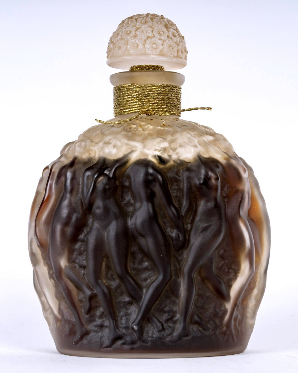 1937 René Lalique - Flacon Calendal Verre Blanc Patiné Sépia Pour Molinard