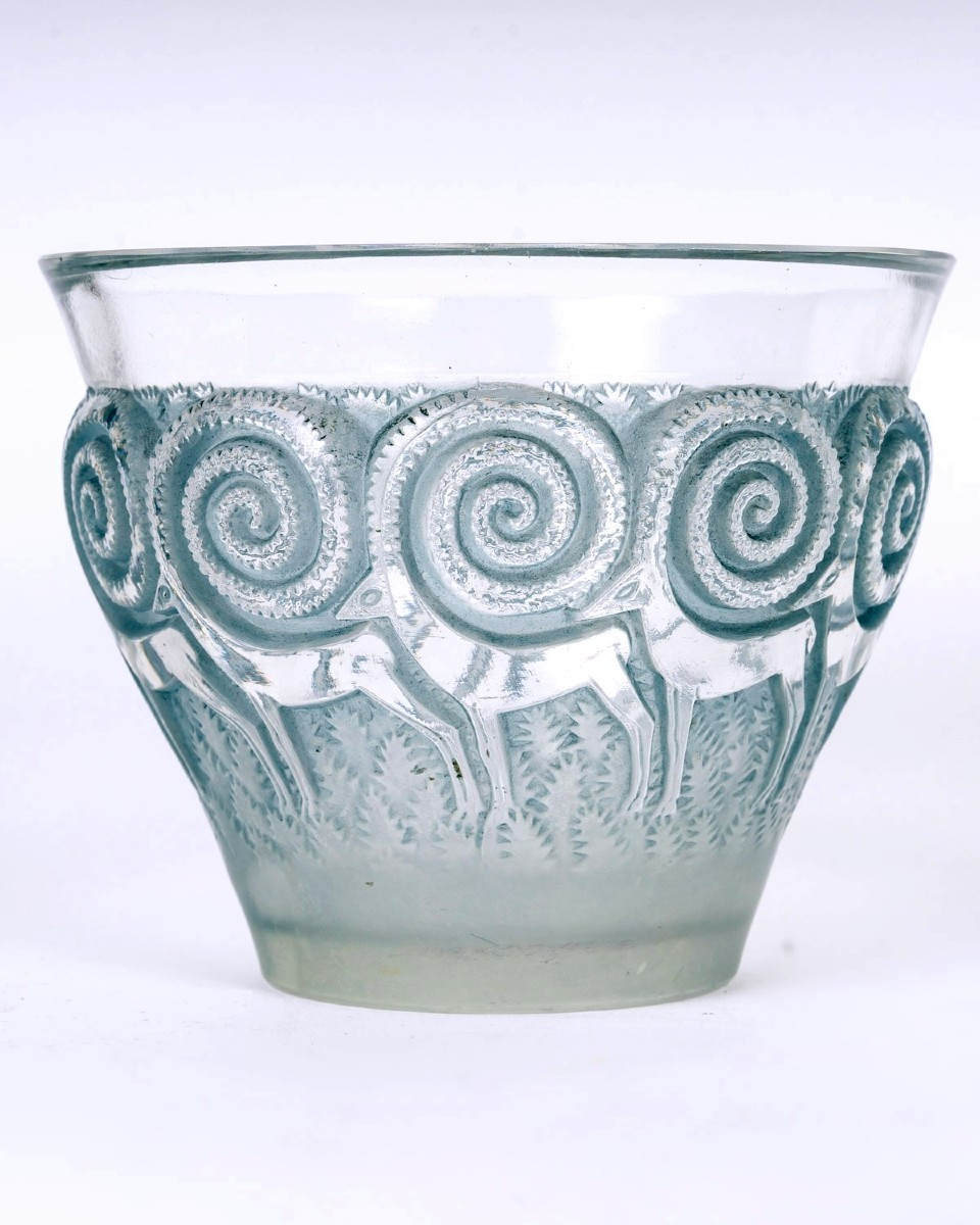 1933 René Lalique - Vase Rennes Verre Blanc Patiné Bleu