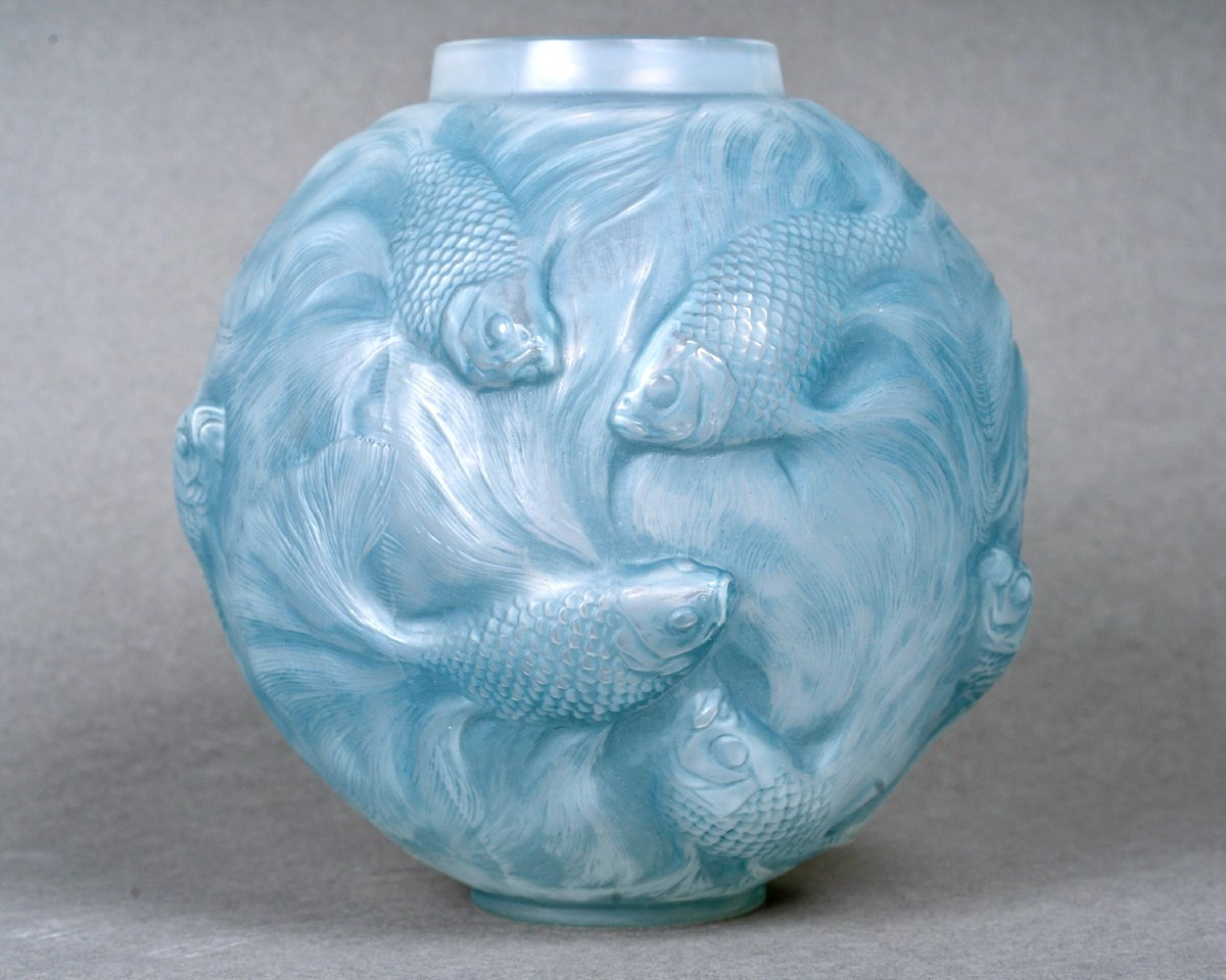 1924 René Lalique - Vase Formose Verre Opalescent Patiné Bleu