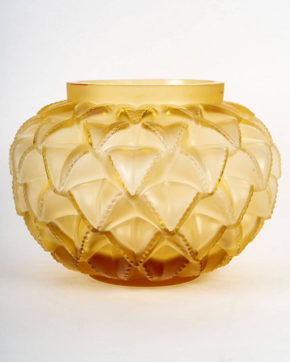 Lalique France - Art Deco Vase Languedoc Yellow Amber Crystal-photo-2