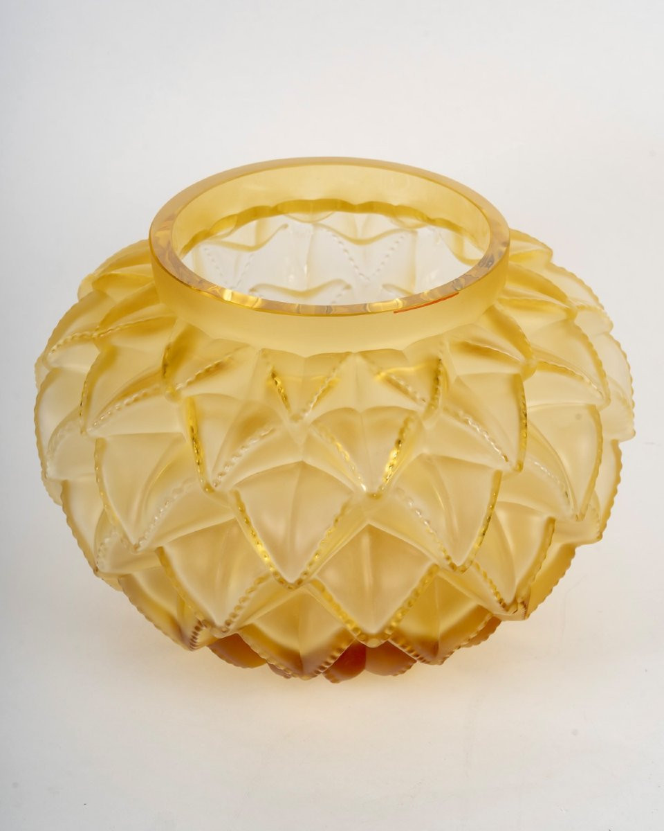 Lalique France - Art Deco Vase Languedoc Yellow Amber Crystal-photo-3