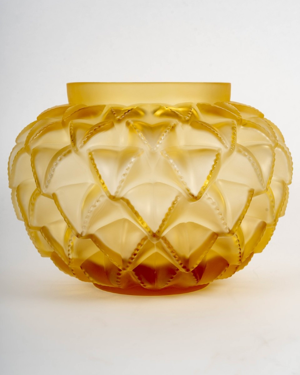 Lalique France - Art Deco Vase Languedoc Yellow Amber Crystal