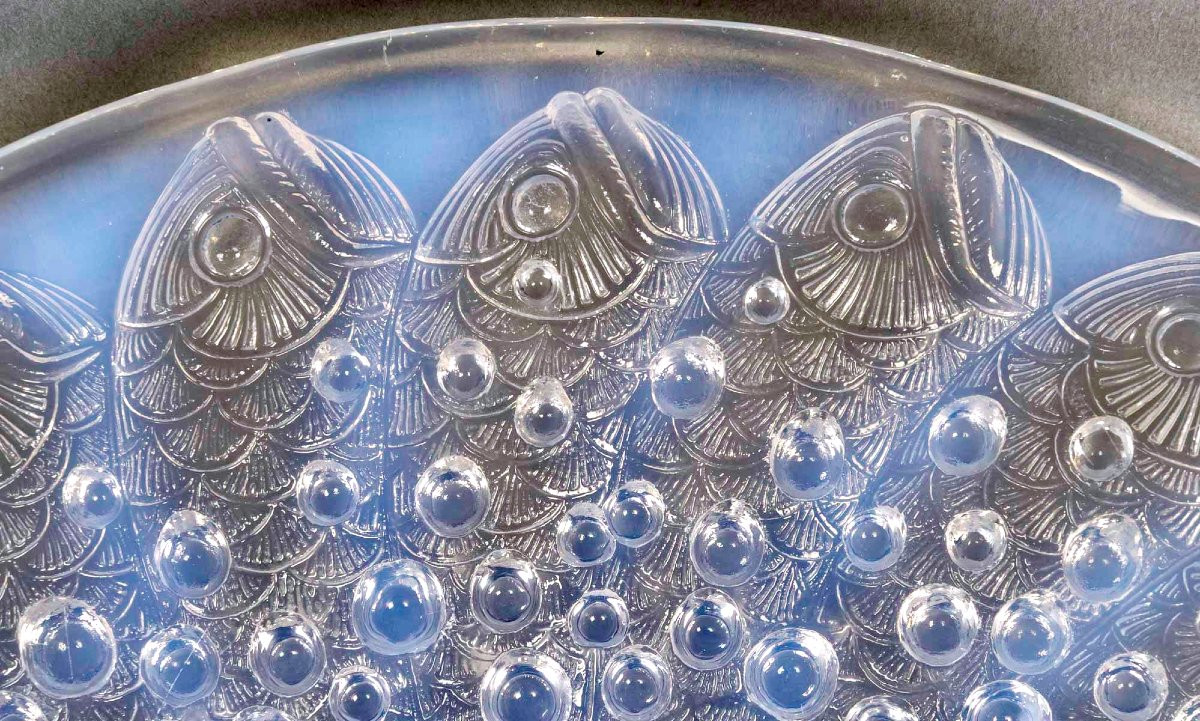 1932 René Lalique - Art Déco Coupe Plat Roscoff Poissons Verre Opalescent-photo-3