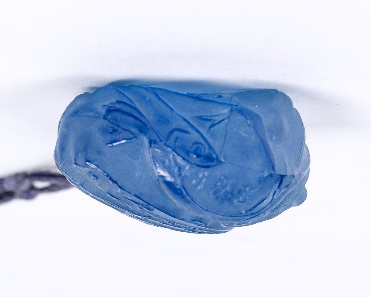 1912 René Lalique - Pendentif Poissons Verre Bleu Patiné Blanc-photo-2