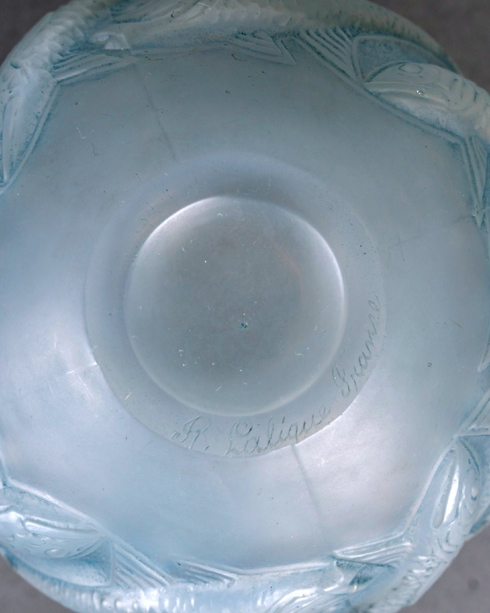 1927 René Lalique - Vase Oléron verre opalescent patiné bleu-photo-4