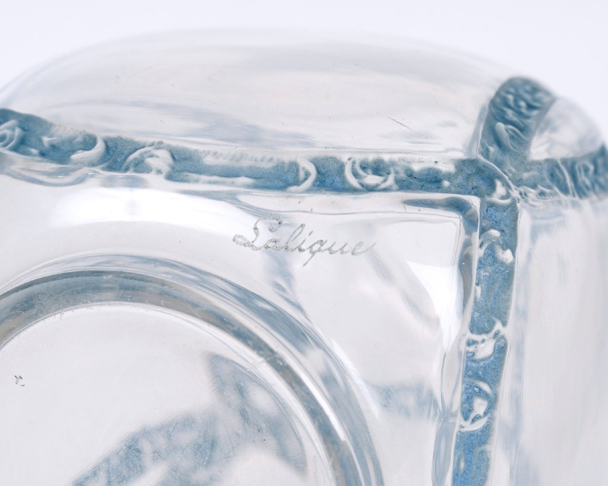 1914 René Lalique - Vase Guirlandes de Roses Verre Blanc Patiné Bleu-photo-1